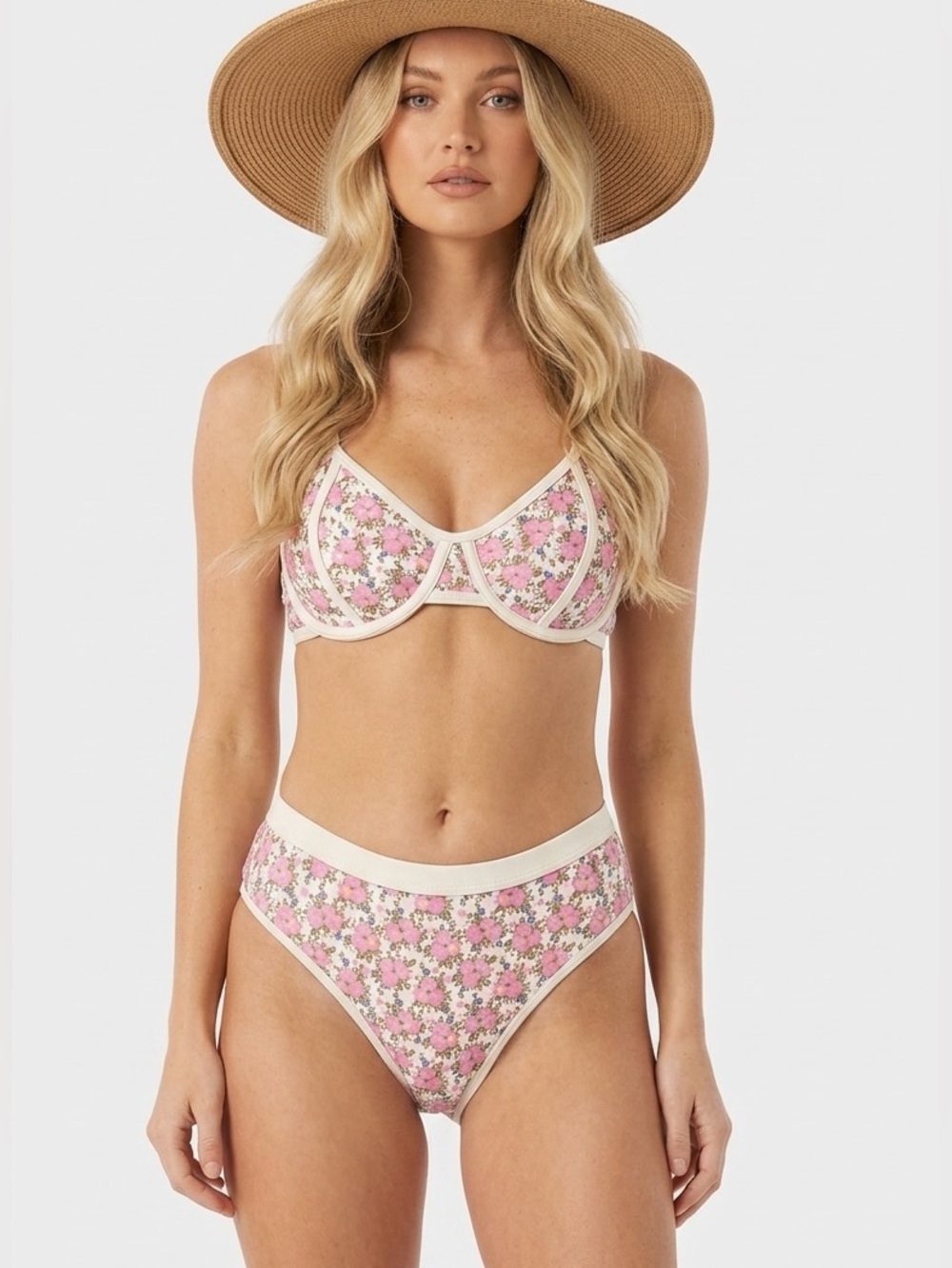 Caroline Constas Floral Underwire Bikini Set NWT Pink Small Hi-Waist Hi-Leg
